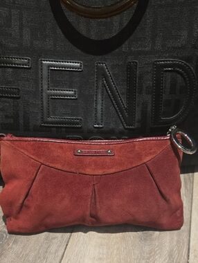 Sergio Rossi Suede Wristlet Clutch in Deep Red